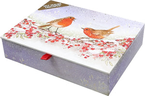 Cardboard box with robin design on a white background