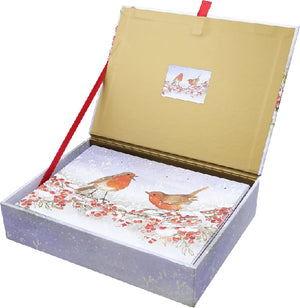 Open gift box containing cards with a decorative design of robins on a white background