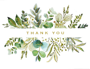 White and green eucalyptus design with 'Thank You' text on a white background