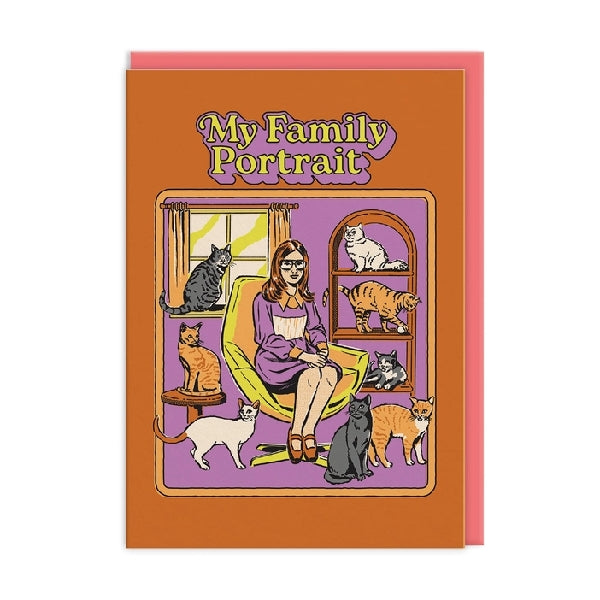 Greeting card with an illustration of a woman sitting in a chair with a cat on her lap, surrounded by cats and a pink window frame with the text "My Family Portrait".