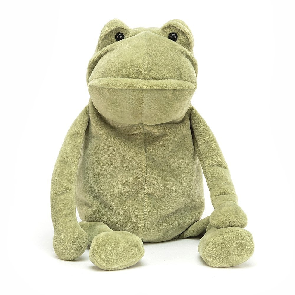 adorably soft plushie of a frowning frog by popular brand Jellycat.