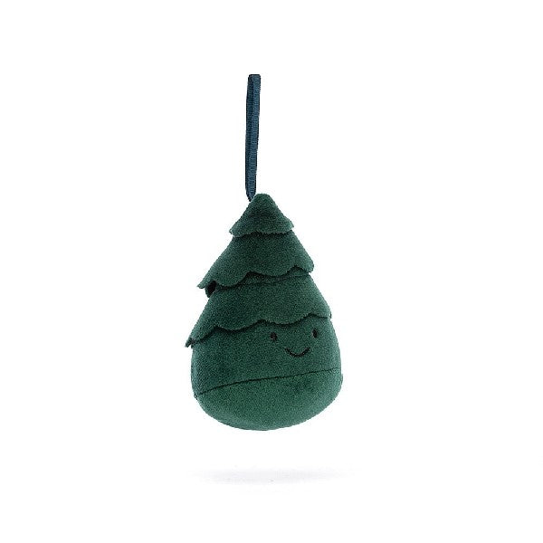 adorably soft plushie of a smiling pine tree ornament by popular brand Jellycat.