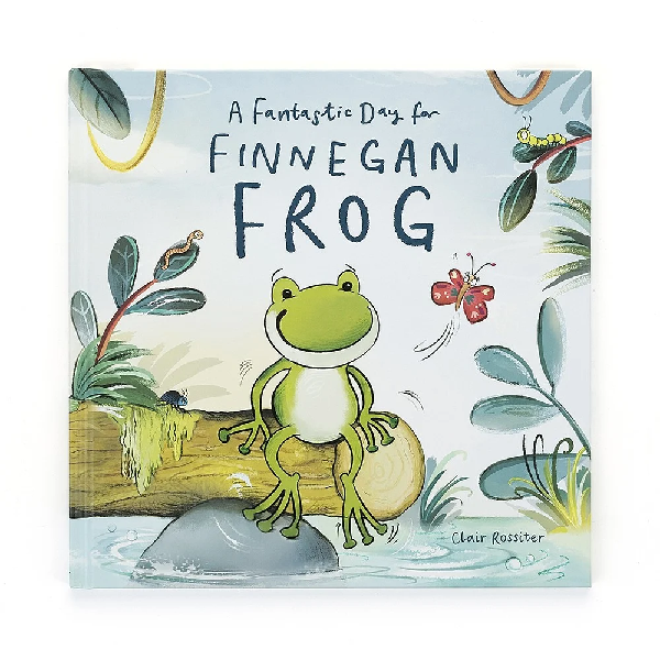 children's book by popular brand jellycat. a smiling frog sits on the edge of a log. lines around its feet suggests that the frog is itching to go in the water below. top text reads "a fantastic day for finnegan frog"