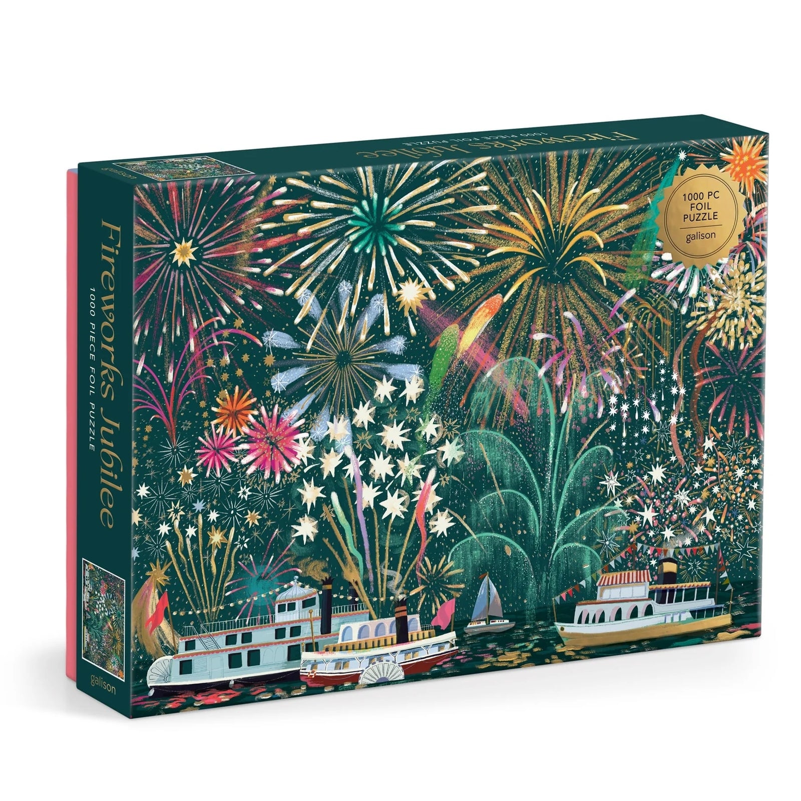 Puzzle box featuring illustrations of colourful fireworks in the sky over some boats in water. The text 'Fireworks Jubilee' is printed on the side of the box.