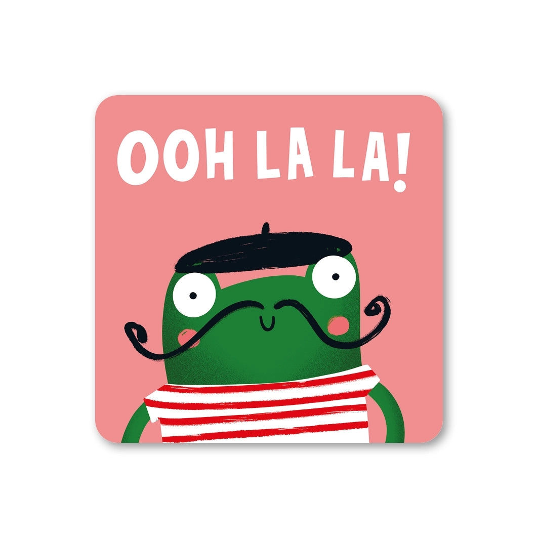 Coaster featuring an illustration of a french frog wearing a black beret and striped shirt with the text 'Ohh la la!' on a pink background.