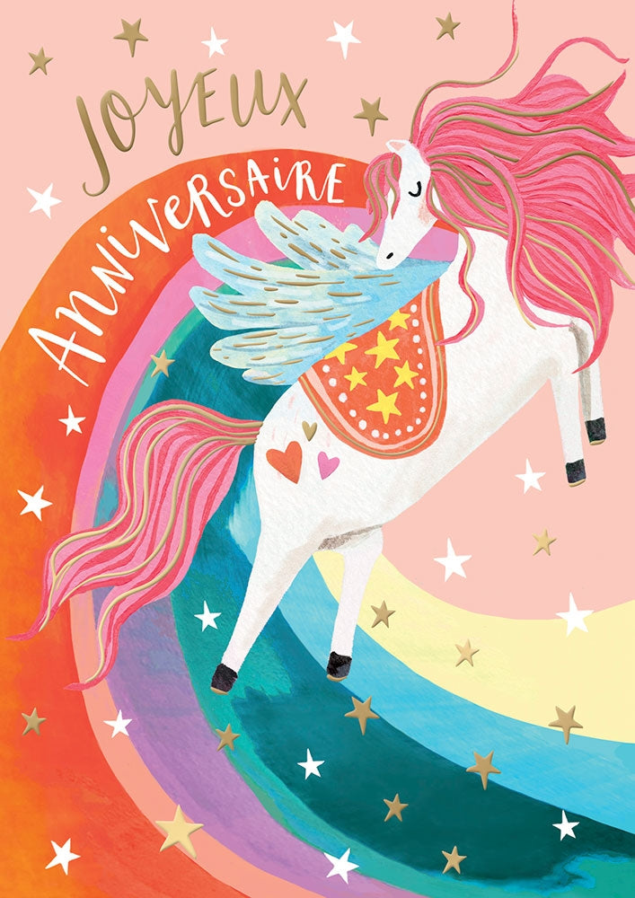 Rainbow Unicorn French Birthday Card