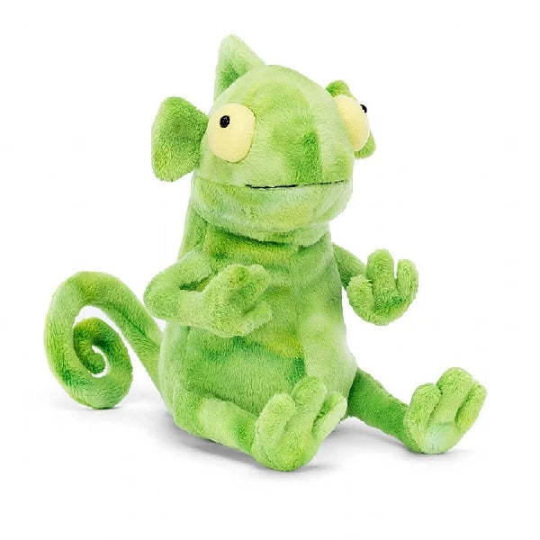 adorably soft plushie of a big-eyed green lizard by popular brand Jellycat.