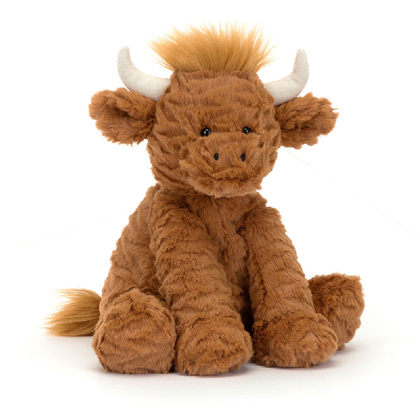 adorably soft plushie of a highland cow by popular brand Jellycat.