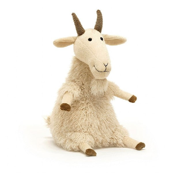 adorably soft plushie of a sitting goat by popular brand Jellycat.