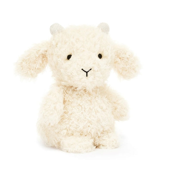 adorably soft plushie of a scraggly-looking white goat by popular brand Jellycat.