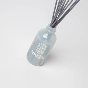 Light blue bottle with gray reeds on a white background, featuring the brand 'Milkjar'.