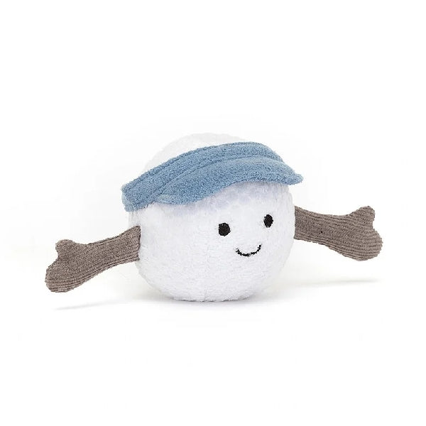 adorably soft plushie of a golf ball with a blue visor-cap and arms by popular brand Jellycat.