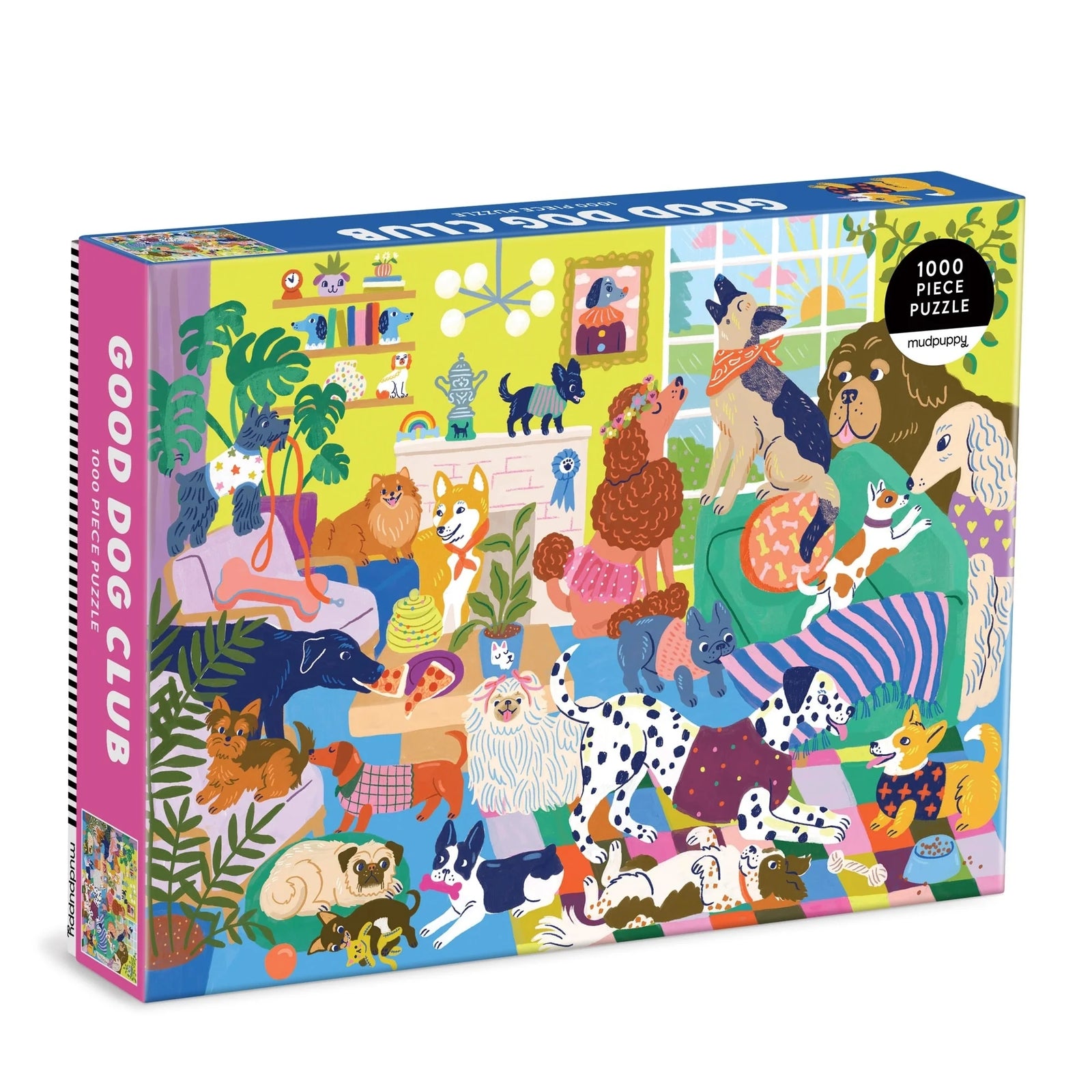 Puzzle box with colorful illustrations of dogs in a living room setting in various positions.