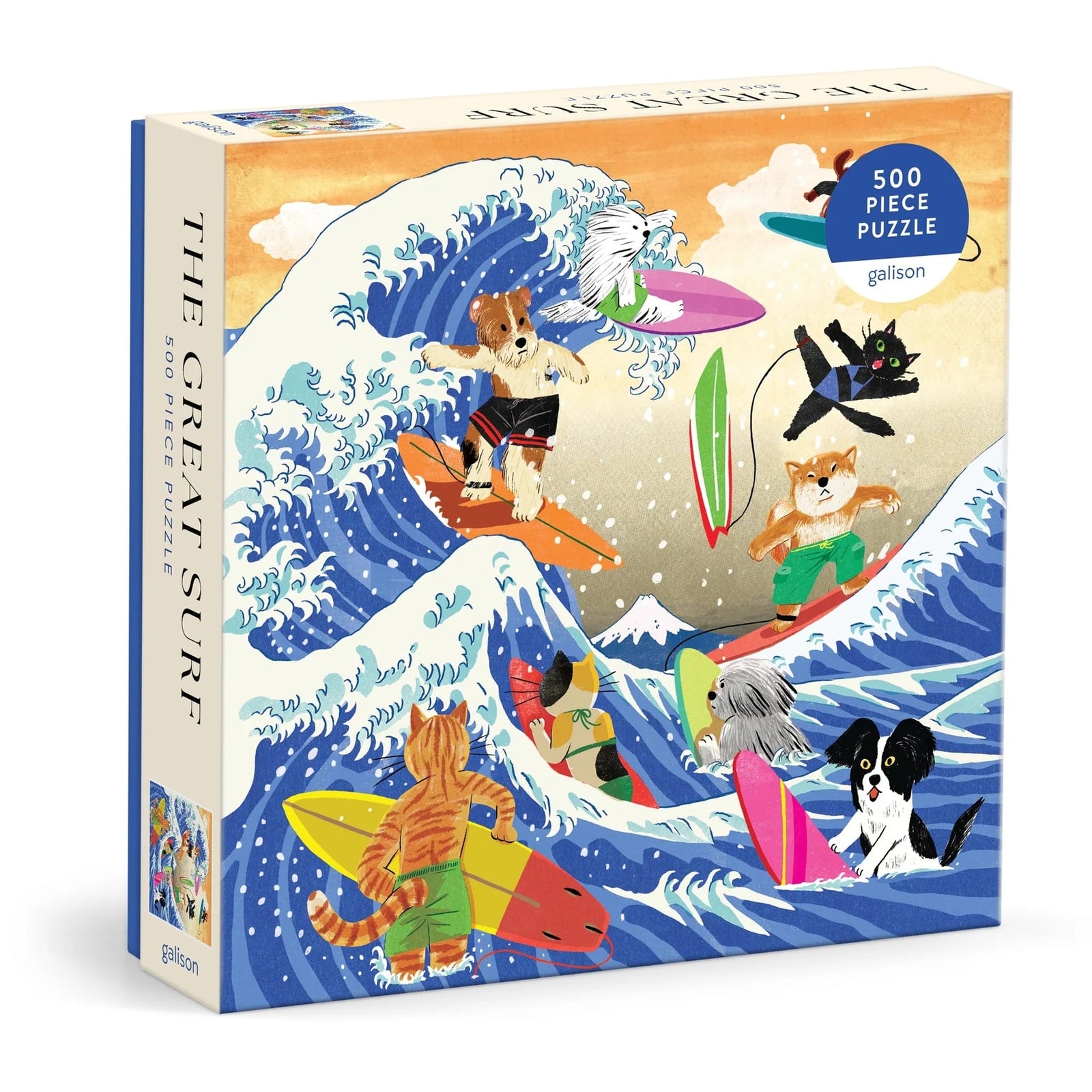Puzzle box featuring illustrations of dogs and cats surfing in the sea. The animals are wearing swimming clothes and the sky in the background is cloudy and orange. The text 'The Great Surf' is printed on the side of the box. 