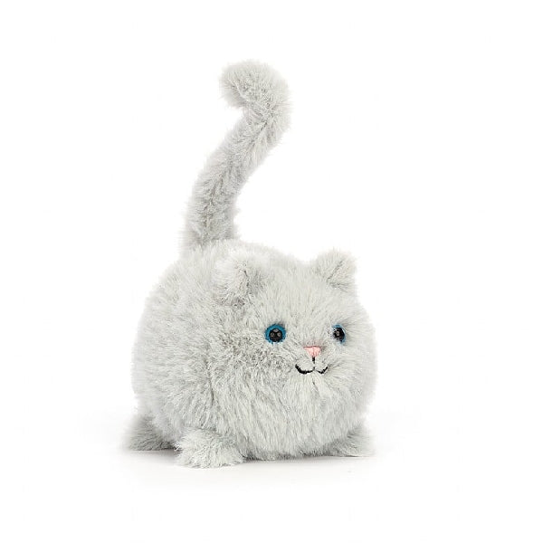 adorably soft plushie of a tiny grey kitten by popular brand Jellycat.