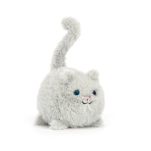 adorably soft plushie of a tiny grey kitten by popular brand Jellycat.