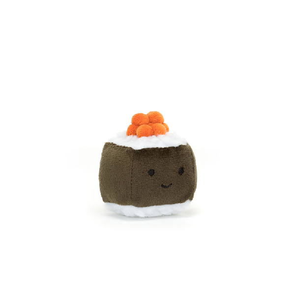 adorably soft plushie of a smiling hosomaki sushi by popular brand Jellycat.