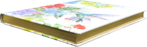 Hardback notebook showing coloured illustrations of a bird and flowers of with a gold gilded edges on a white background