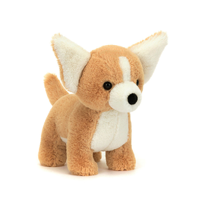 adorably soft plushie of a chihuahua by popular brand Jellycat.