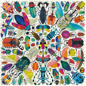 Finished puzzle featuring colorful beetle illustrations positioned in a kaleidoscope style pattern on a white background.