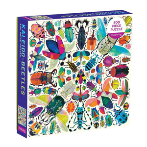 Jigsaw puzzle box with colorful beetle illustrations positioned in a kaleidoscope style pattern on a white background.