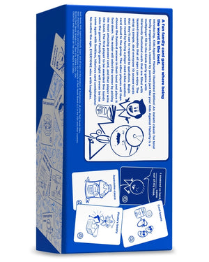 Back view of a blue card game box showing text and funny illustrations on a white background.