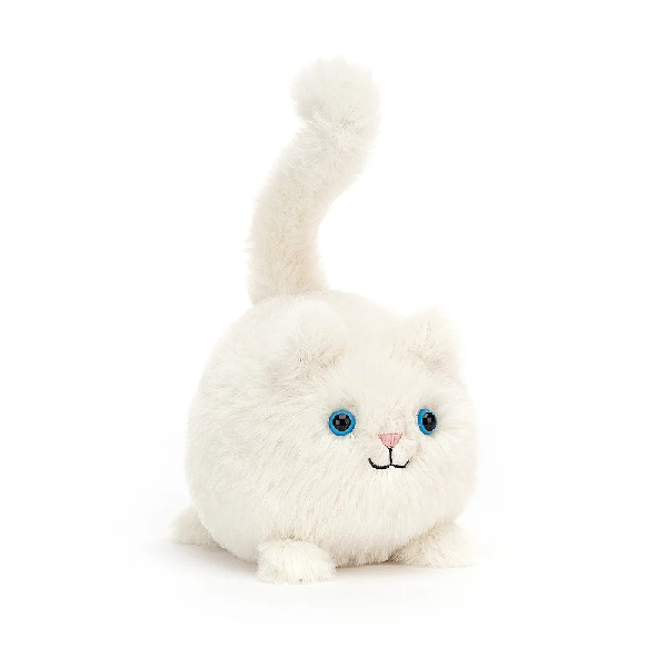 adorably soft plushie of a white round kitten with blue eyes by popular brand Jellycat.