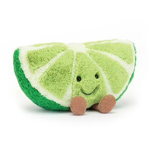 adorably soft plushie of a smiling slice of lime with feet by popular brand Jellycat.