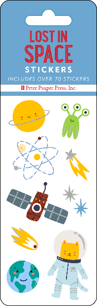 thin sticker sheet with a blue product hanger. main text reads "lost in space stickers". stickers shown included a cute smiling planet, a three-eyed alien, a cat astronaut, and more. peter pauper press product