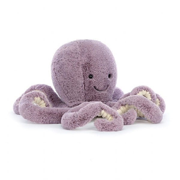 adorably soft plushie of a lavender coloured octopus by popular brand Jellycat.