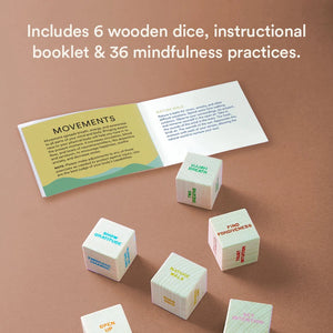 Image of six dice with different mindfulness phrases on each side, along with an open manual on a brown surface. 