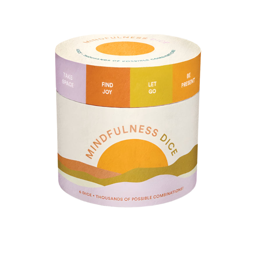 A cylindrical container with colored sections, each labeled with a mindfulness phrase such as 'FIND JOY' and 'LET GO'. The container is labeled 'MINDFULNESS DICE' at the top.