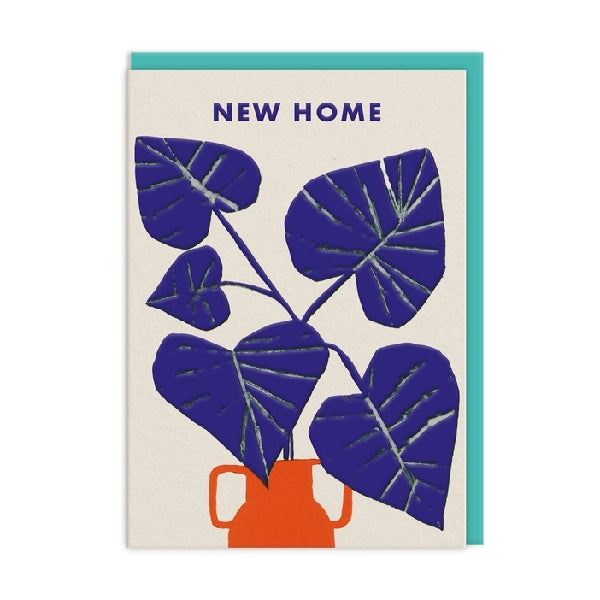 A greeting card with an illustration of a blue monstera plant in an orange vase, with the text "New Home".