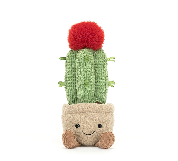adorably soft plushie of a smiling cactus pot with legs by popular brand Jellycat.