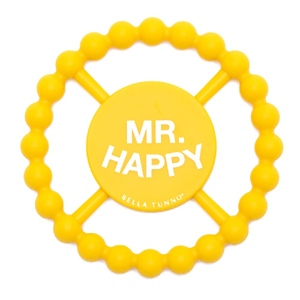 bright yellow teether in the shape of a four-pillars, bumpy driving wheel. a circle in the middle has text that reads "mr. happy"