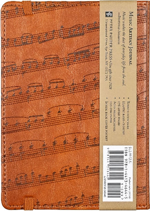 Brown leather-bound music journal with embossed sheet music design.