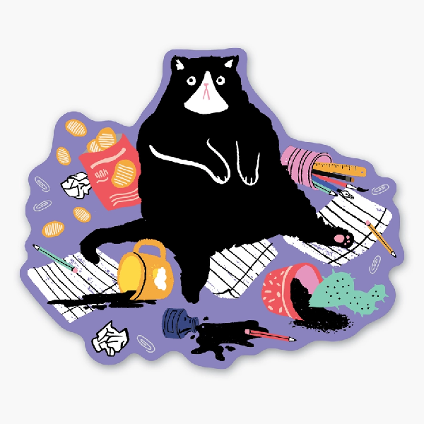 purple wavy shape sticker with a sitting black cat surrounded by its mess. it includes spilt ink, coffee, chips, pencils, papers, and a potted plant