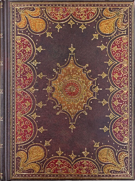 brown leather journal with ornate, symmetrical gold and deep red details on the cover. peter pauper product