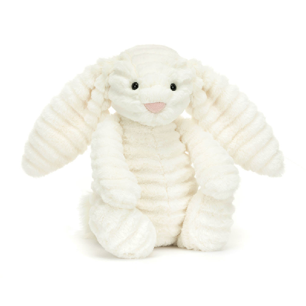 adorably soft ripple plushie of a white bunny by popular brand Jellycat.