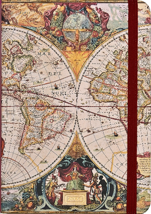 notebook with a dark red elastic. the cover has an illustration of an old-timey map of the world made up of two half circles. around them are intricate drawings. bottom middle text reads "2024"