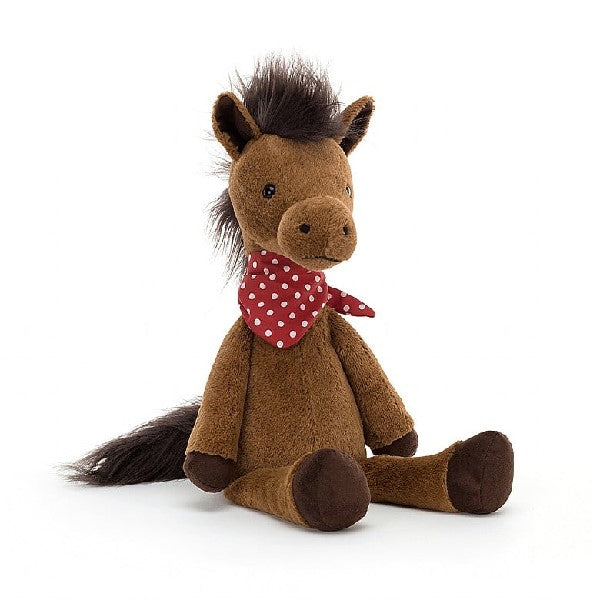 adorably soft plushie of a sitting horse wearing a red scarf by popular brand Jellycat.