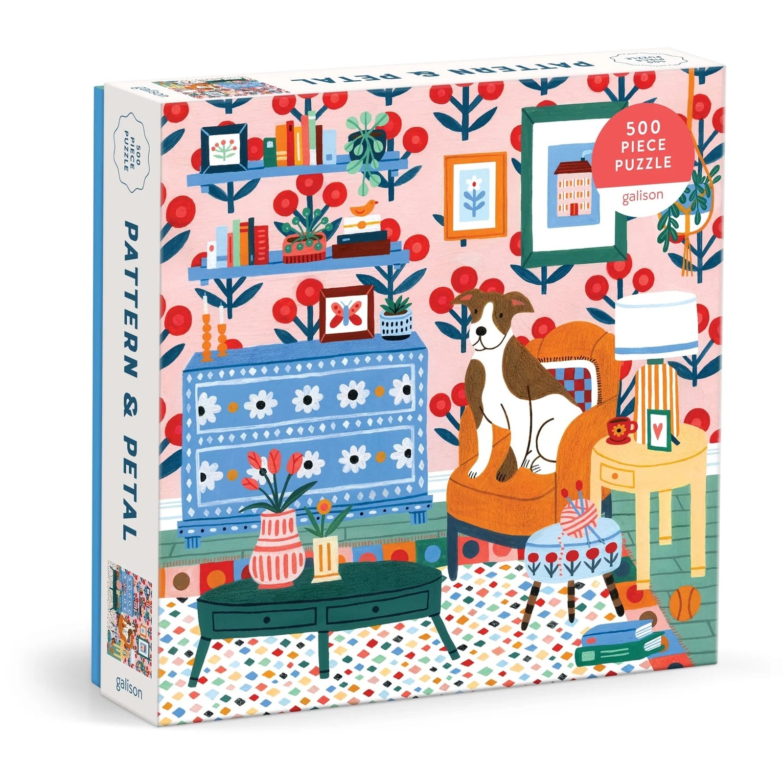 Puzzle box featuring an illustration of a brown and white dog sitting on a chair in a colourful living room setting. The text 'Pattern & Petal' is printed on the side of the box. 