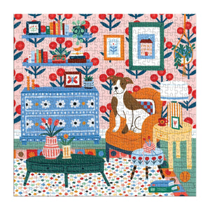 Finished puzzle featuring an illustration of a brown and white dog sitting on a chair in a colourful living room setting.