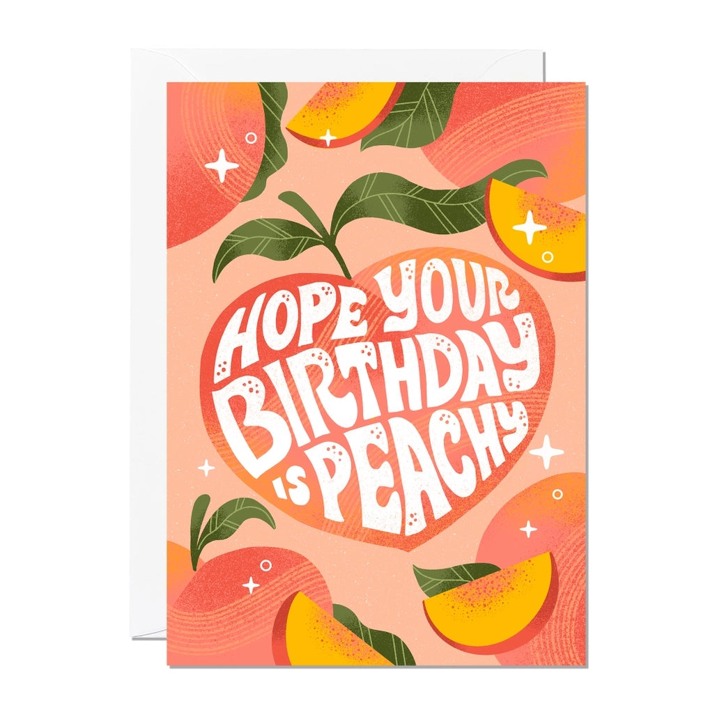 Greeting card featuring illustrations of peaches on an orange background with the text 'Hope Your Birthday is Peachy'.