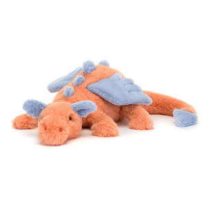 adorably soft plushie of a salmon dragon with lilac details by popular brand Jellycat.
