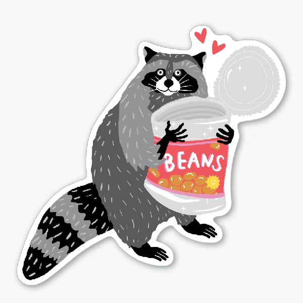 white die-cut sticker with an illustrated raccoon holding an opened can of beans. two hearts fill the gap between the two