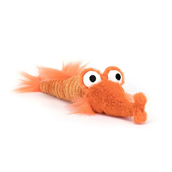 adorably soft plushie of a big-eyed orange razor fish by popular brand Jellycat.