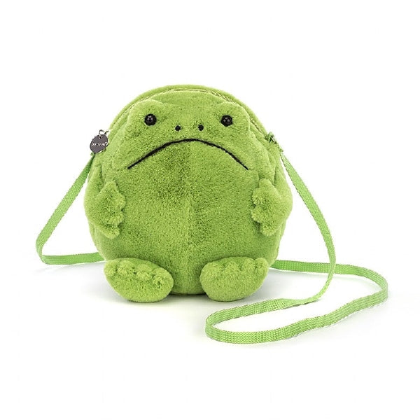 adorably soft plushie bag of a frowning frog by popular brand Jellycat.