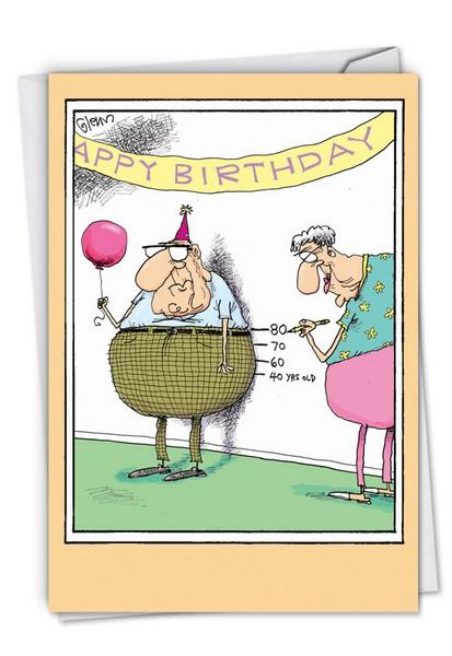 Greeting card featuring a humorous illustration of a man wearing a party hat and holding a balloon standing against a wall as a woman holding a pencil marks his height on the wall. A banner reading 'Happy Birthday' is hung on the wall over them. 