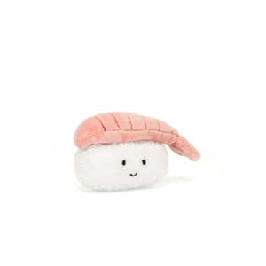 adorably soft plushie of a smiling shrimp nigiri by popular brand Jellycat.
